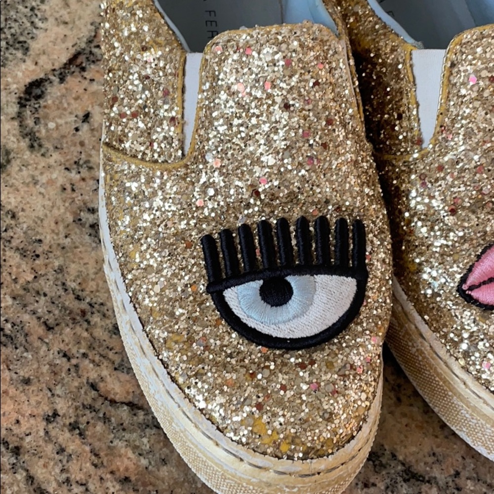 Chiara Ferragni Gold Glitter Eye Lips Shoes - Picture 2 of 7